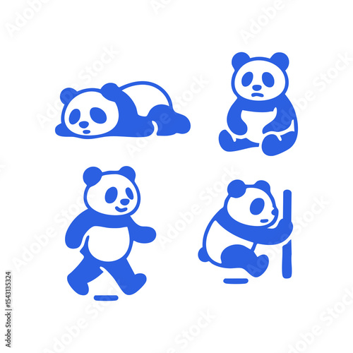 Four stylized blue panda illustrations