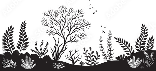 Underwater Botanical Silhouette Scene – Marine Plants and Coral Reef Foliage in Black and White