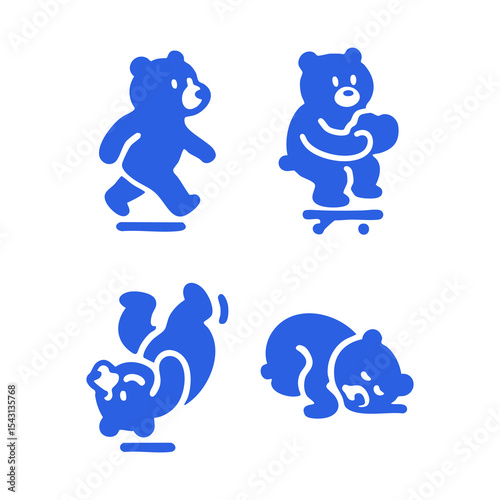 Four stylized blue bear illustrations depicting various actions