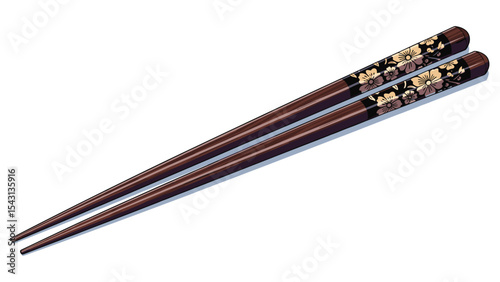 Elegant Wooden Chopsticks with Floral Design Isolated on White Background for Asian Cuisine