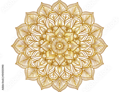 Ornate golden mandala design with intricate floral patterns, symmetrical and detailed line art. Isolated on transparent background.