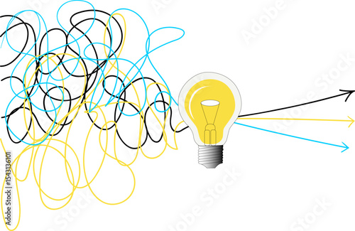 Light bulb with tangled lines. Innovative solutions concepts on transparent background.