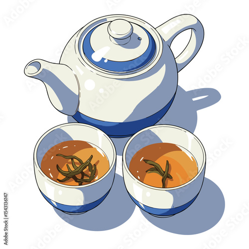 Elegant Teapot and Cups Illustration for Serene Beverage Concept Design