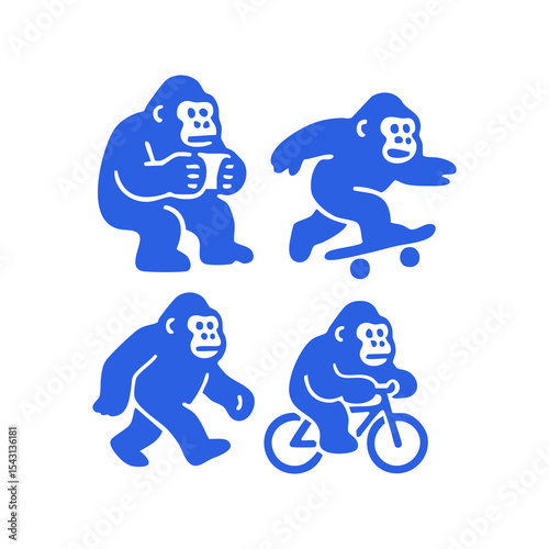 Four blue gorilla silhouettes, skateboarding, biking, and holding a container