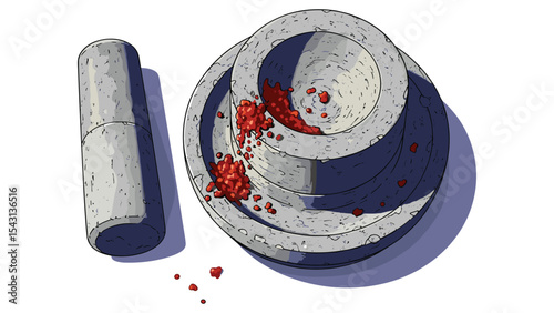 Mortar and Pestle with Red Substance Illustration for Cooking and Food Preparation