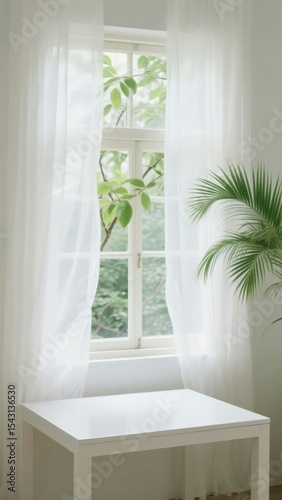 Bright Window with White Curtains and Green Plants