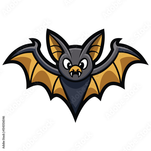Cartoon bat with gold wings flaps menacingly, displaying small fangs on a plain backdrop