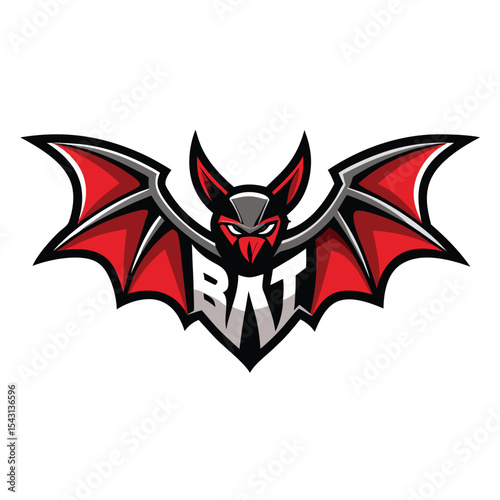 Illustrated bat mascot with red wings and lettered body design is displayed