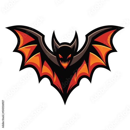Orange and black cartoon bat with its mouth open spreads its stylized wings