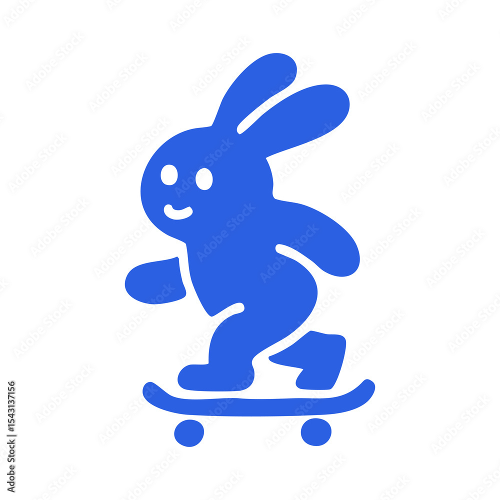 Cute blue rabbit riding a skateboard