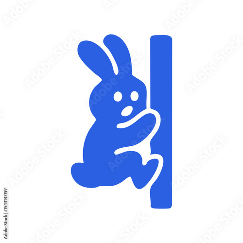 Simple blue cartoon rabbit climbing a vertical post