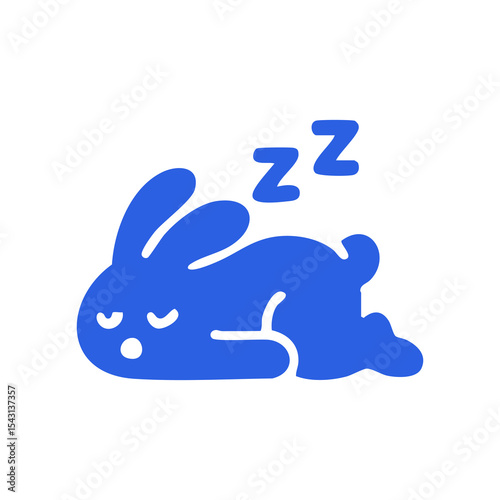 A stylized, cobalt blue cartoon rabbit lying down, seemingly asleep.  Large, simple "zzz" is above the animal.  Soft, rounded lines define the rabbit