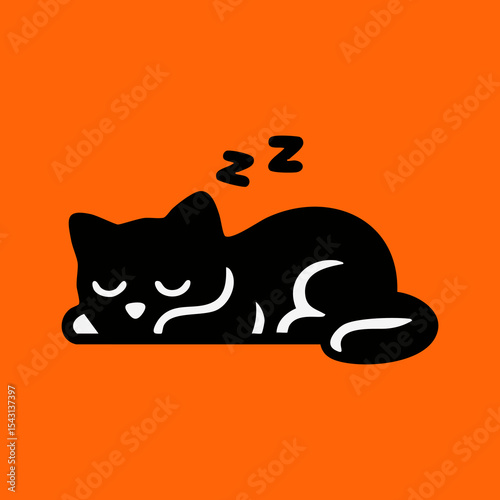 A black cat lying down, sleeping, on an orange background.  Simple, stylized graphic of a cat in a relaxed pose, with the eyes closed and a  'zz' symbol above the head.  Solid black and white shapes