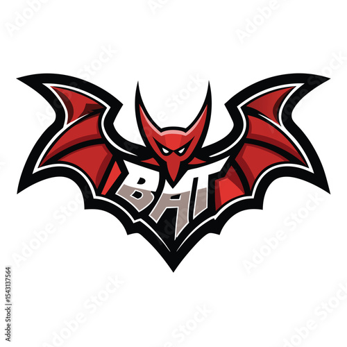 Ferocious red bat with menacing eyes embodies darkness in an angular emblem