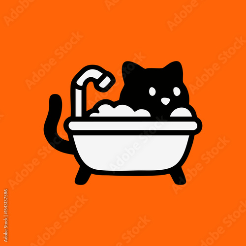 Black cat taking a bath in a simple, stylized bathtub