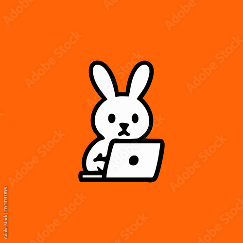 A white rabbit sits with a laptop on an orange background