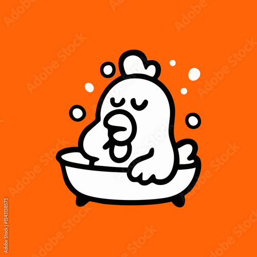 Cartoon chicken in a bathtub with bubbles