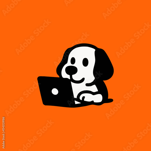 Cute cartoon dog sitting at a laptop