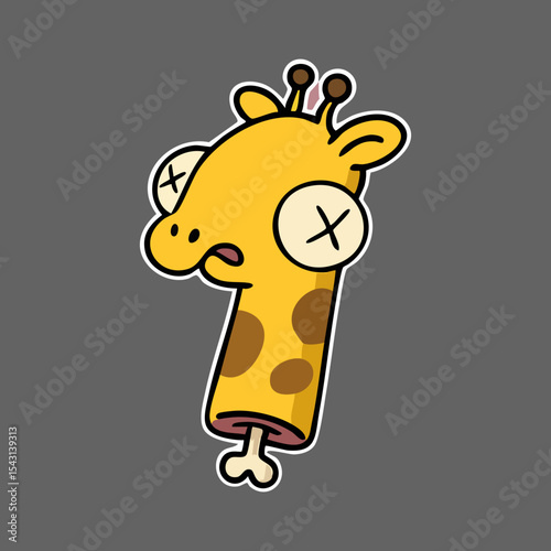 A stylized cartoon giraffe head, yellow with brown spots, depicted as if severed, with a bone extending below.  It has a surprised expression and crossed-out eyes