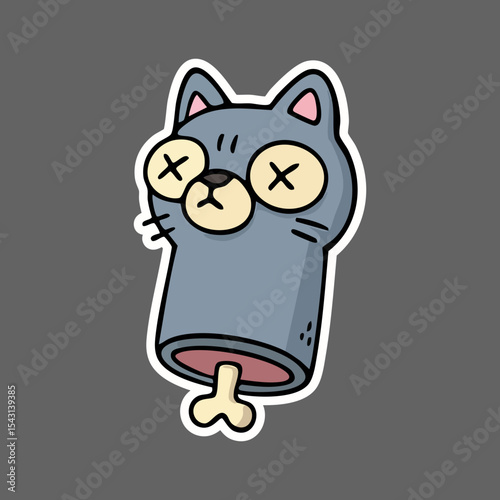 Cartoon sticker of a severed cat head, gray with pink ears, blank eyes with X's, and a bone