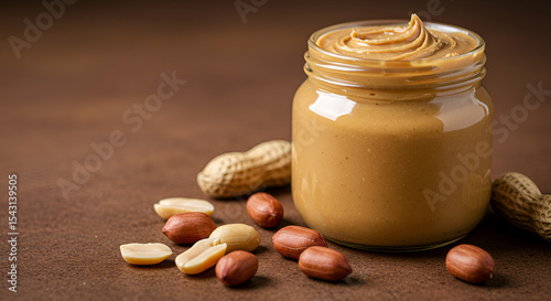 Creamy peanut butter in a glass jar with peanuts on a rustic brown background
