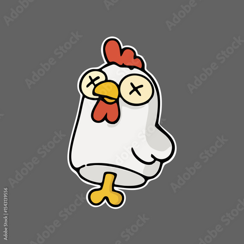 Cartoon chicken with crossed eyes, simple style, sticker-like