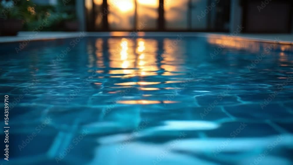  Tranquil Poolside Serenity: A captivating perspective showcases a serene pool with shimmering, pristine water, reflecting the warm glow of a sunset through the distant glass door.
