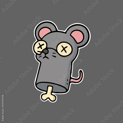 Cartoon mouse with a bone, dead eyes, and a simple design