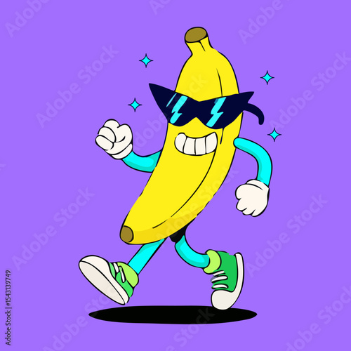 A stylized banana character wearing sunglasses and sneakers, walking