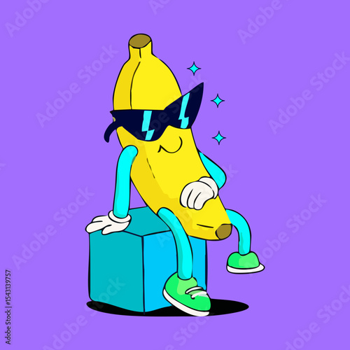 A cool banana wearing sunglasses sits on a teal cube