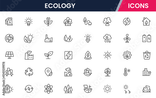 Vector illustration web line icon collection for ecology: nature, sustainability, renewable energy, and green living symbols in a clean, modern, eco-friendly style.