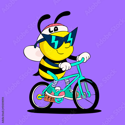 A bee wearing sunglasses rides a bicycle