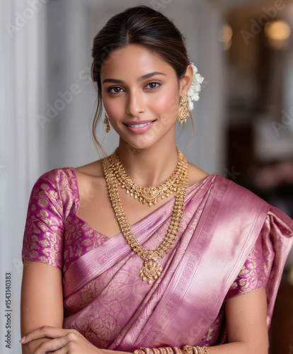 young indian woman wearing traditional sari and jewelery