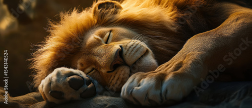 Sleeping fluffy lion safari habitat high fidelity closeup calm environment peaceful viewpoint