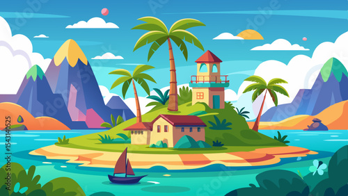 vector tropical island with palm trees and sea background