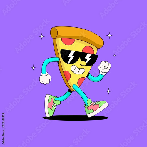 Cartoon pizza slice character wearing sunglasses, running