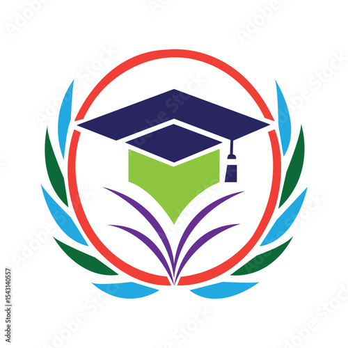 A graduation cap is in the center of a circle