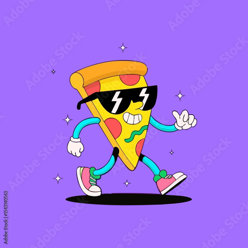 A stylized pizza slice character, wearing sunglasses and walking, against a vibrant purple background