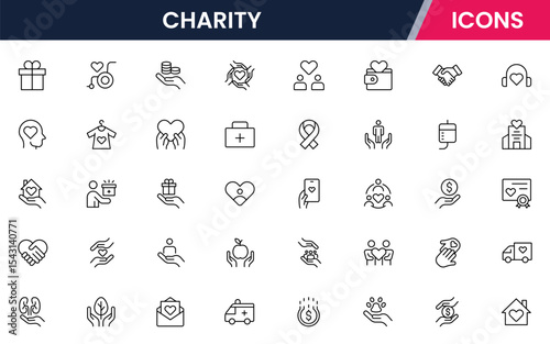 Vector illustration web line icon collection for charity: donations, volunteering, hearts, and community support symbols in a compassionate, modern, and clean design style.