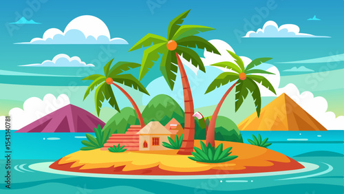vector tropical island with palm trees and sea background