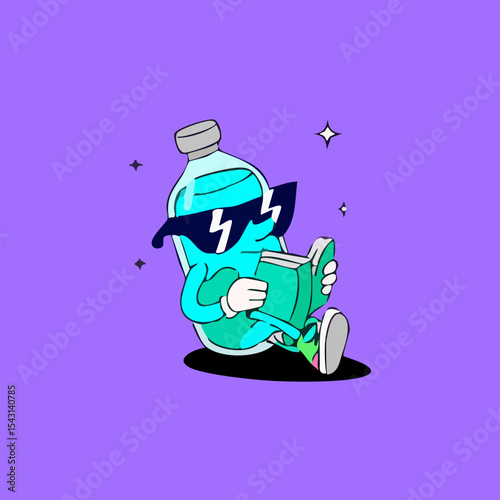 A stylized turquoise bottle character, wearing sunglasses and reading a teal book, sits on a lavender background