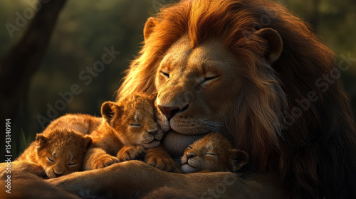 Heartwarming illustration of a fluffy lion family in their warm natural habitat