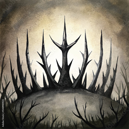 Dark Thorn Crown Hill – Surreal Gothic Landscape Illustration