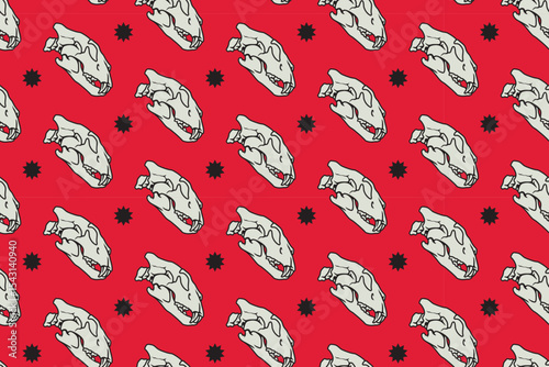 Tiger head skull side view with star pattern on red background. Predator saber skull bone with light colorful doodle isolated seamless pattern background for wildlife packaging and merchandise