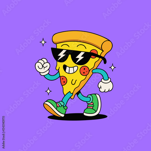 Cartoon pizza slice, wearing sunglasses and walking