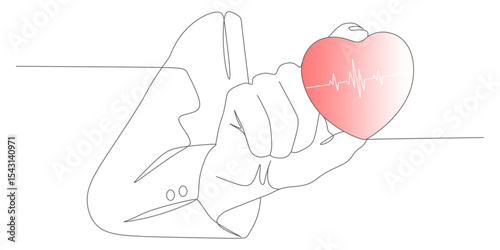 Hand holding heart with ECG lines, Minimalist continuous line Health Illustration, for world heart day eps 5