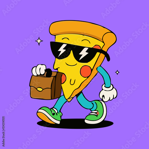 A pizza slice character with sunglasses and a briefcase, walking