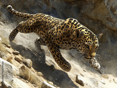 Leopard sprinting through rocky terrain wilderness artistic scene high fidelity dynamic viewpoint photo