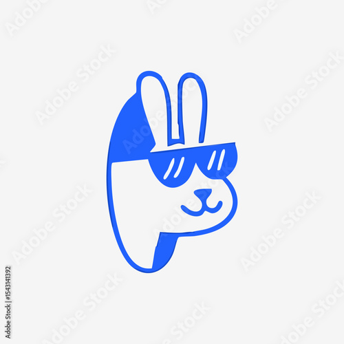 A stylized, cartoon rabbit head, rendered in shades of blue and white, wears sunglasses