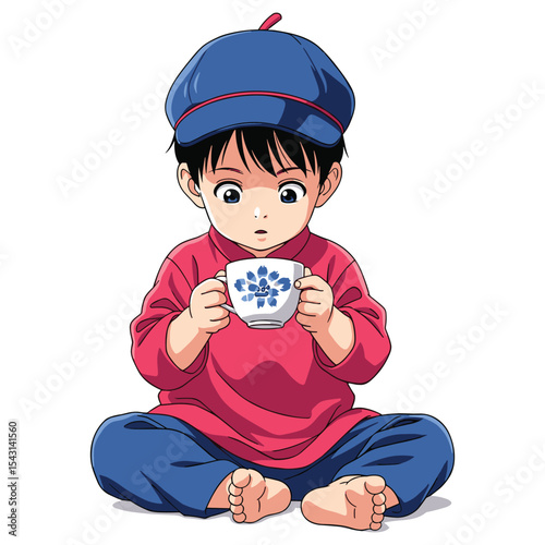 Cute Anime Boy Drinking Tea Illustration for Children's Storybooks and Creative Projects